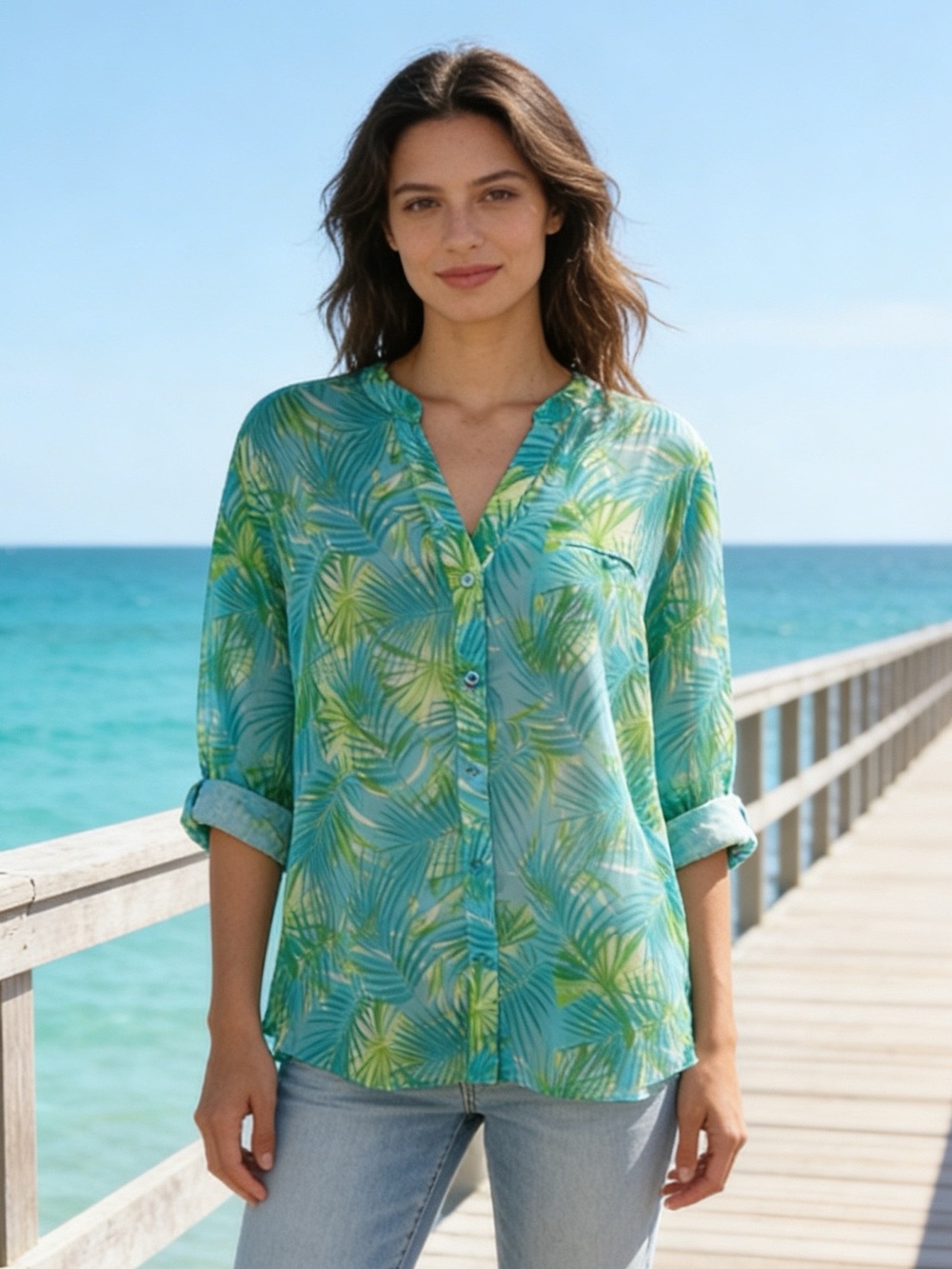 Kut from the Kloth Tropical Palm Print Sheer Blouse Size L Beachy Button Front
